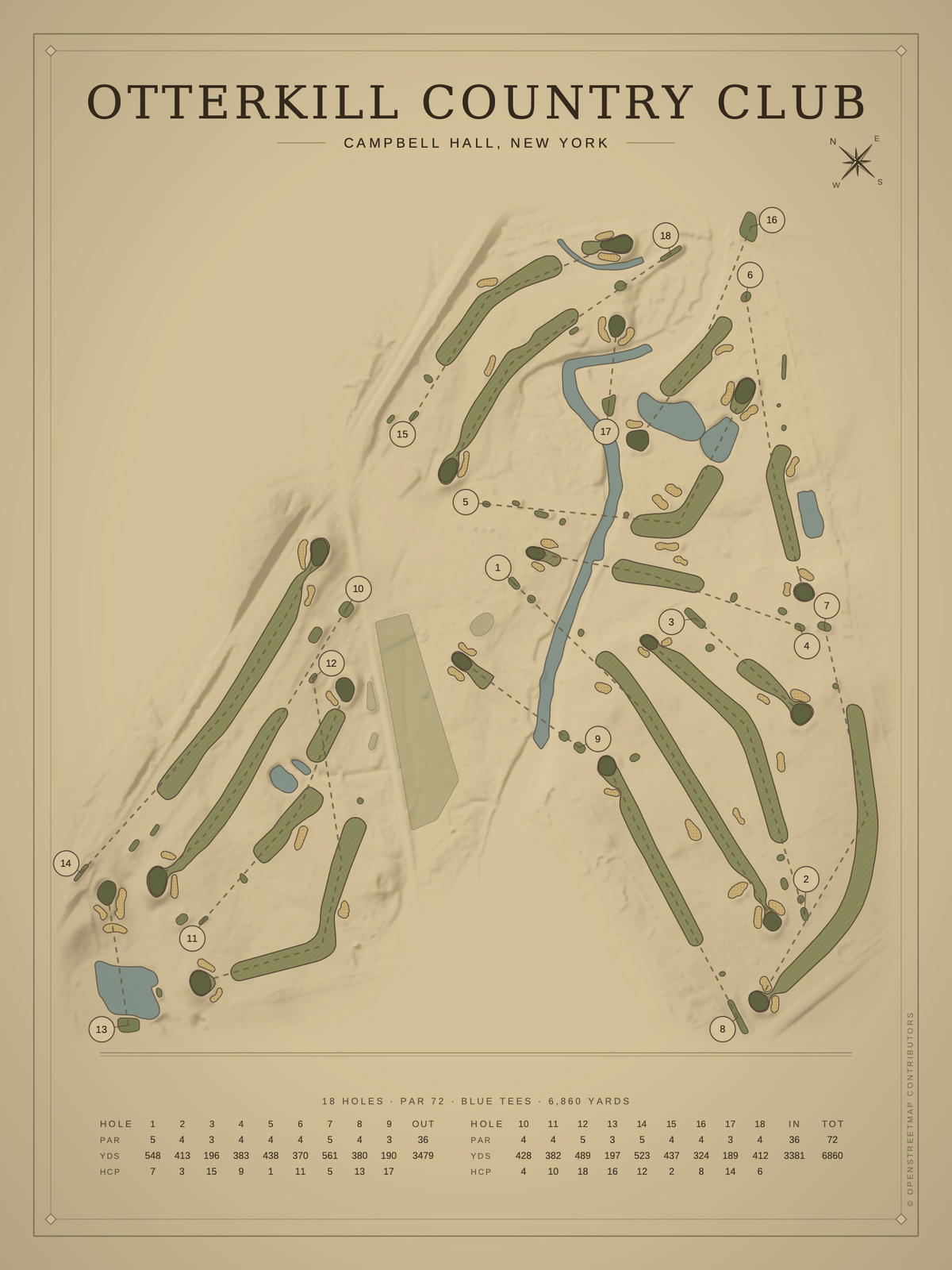 Otterkill Country Club course map poster, Vintage style, 12×16 / 18×24