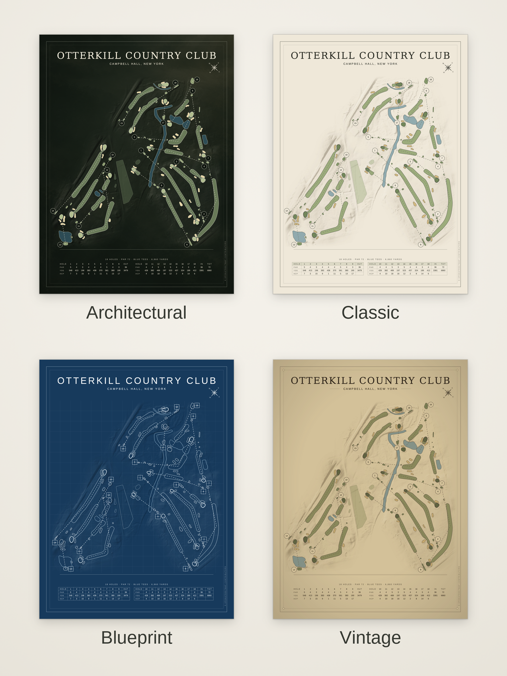 Otterkill Country Club course map poster in four styles: Architectural, Classic, Blueprint and Vintage