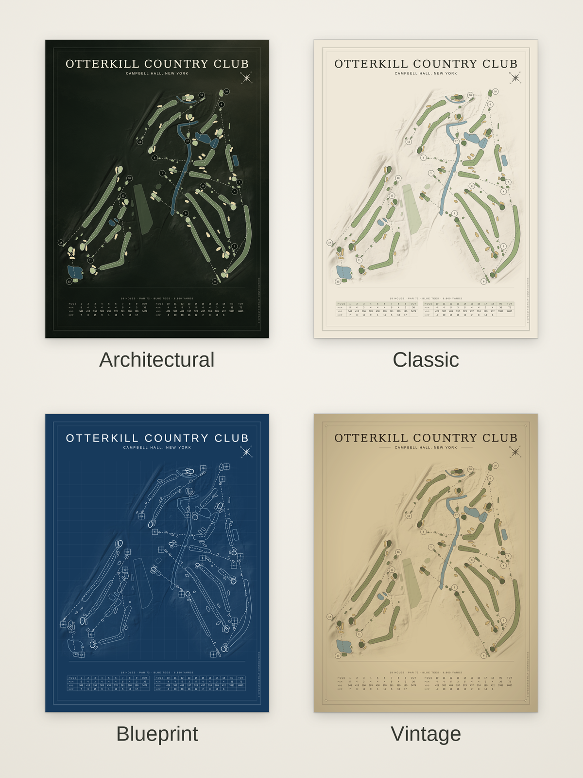 Otterkill Country Club course map poster in four styles: Architectural, Classic, Blueprint and Vintage