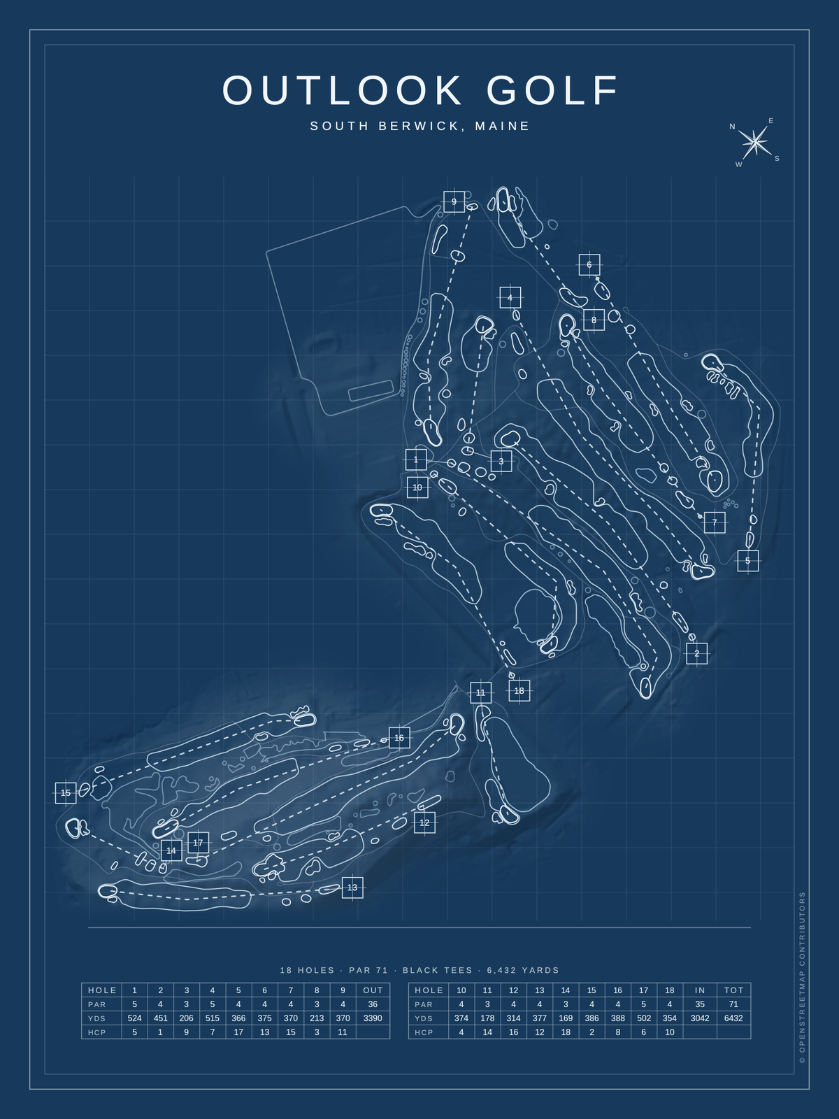 Outlook Golf course map poster, Blueprint style, 12×16 / 18×24