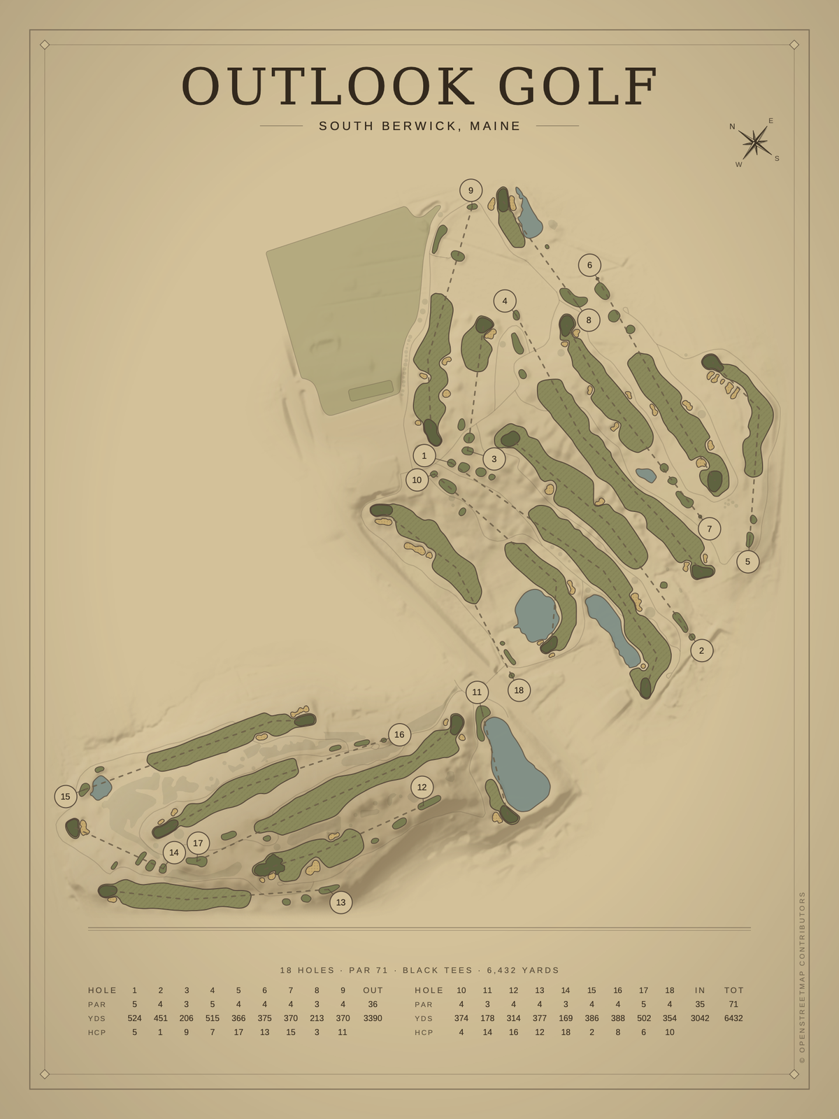 Outlook Golf course map poster, Vintage style, 12×16 / 18×24