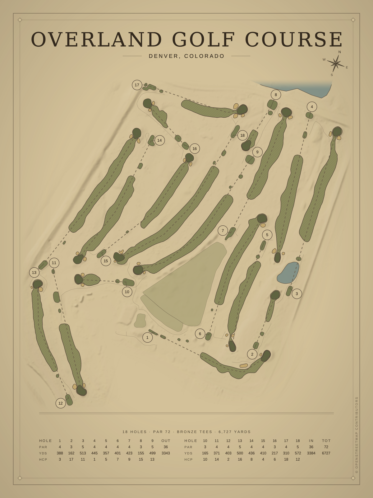 Overland Golf Course map poster, Vintage style, 12×16 / 18×24