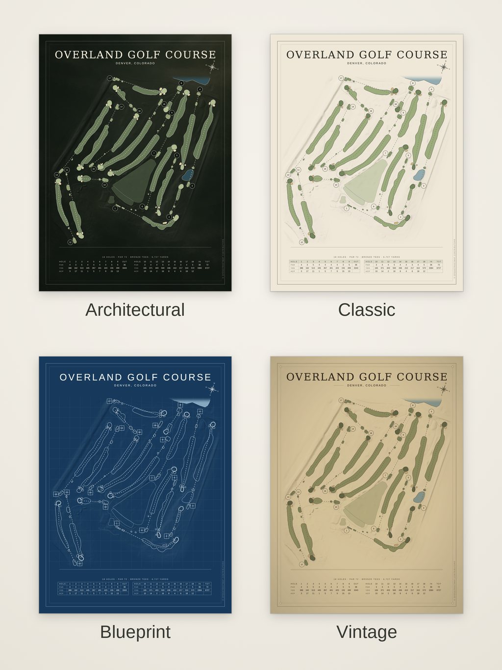 Overland Golf Course map poster in four styles: Architectural, Classic, Blueprint and Vintage