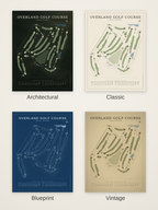 Overland Golf Course map poster in four styles: Architectural, Classic, Blueprint and Vintage