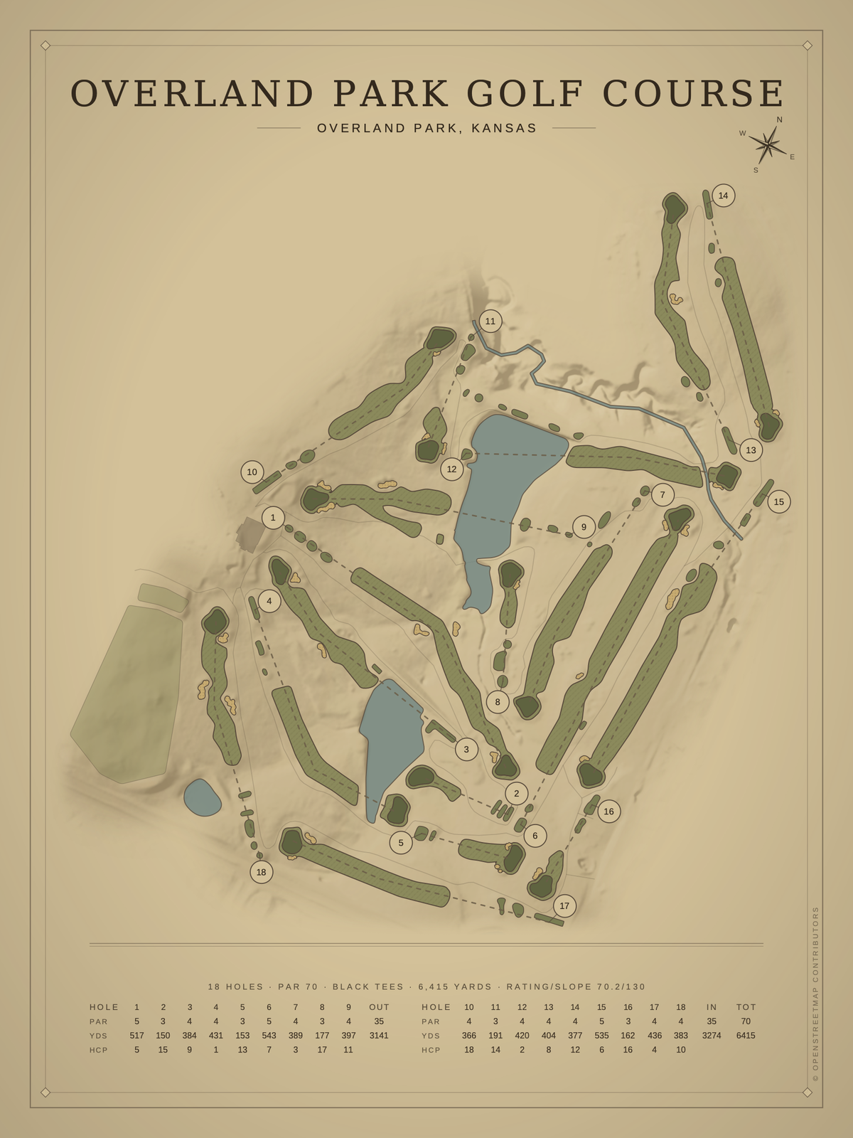 Overland Park Golf Course map poster, Vintage style, 12×16 / 18×24