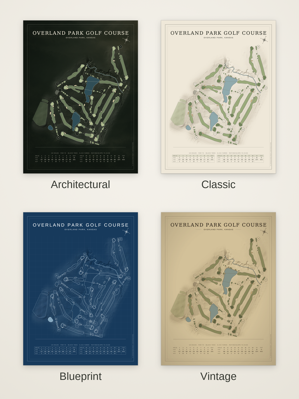 Overland Park Golf Course map poster in four styles: Architectural, Classic, Blueprint and Vintage