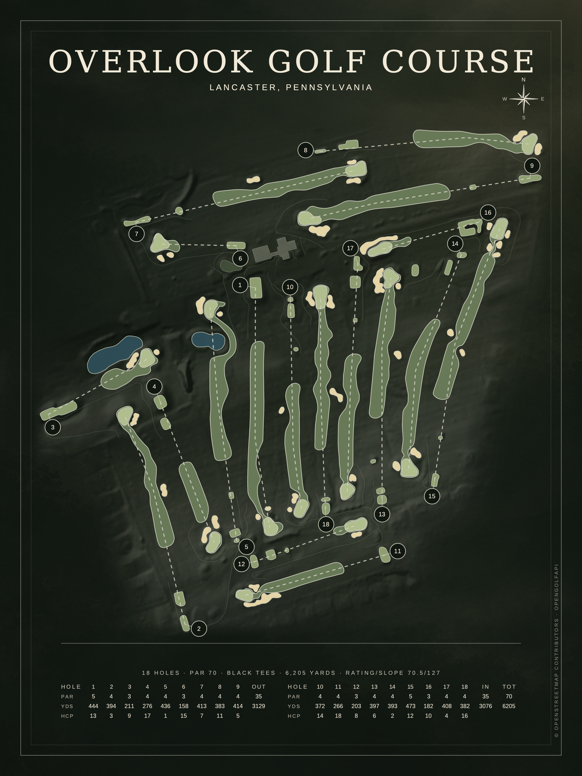 Overlook Golf Course map poster, Architectural style, 12×16 / 18×24