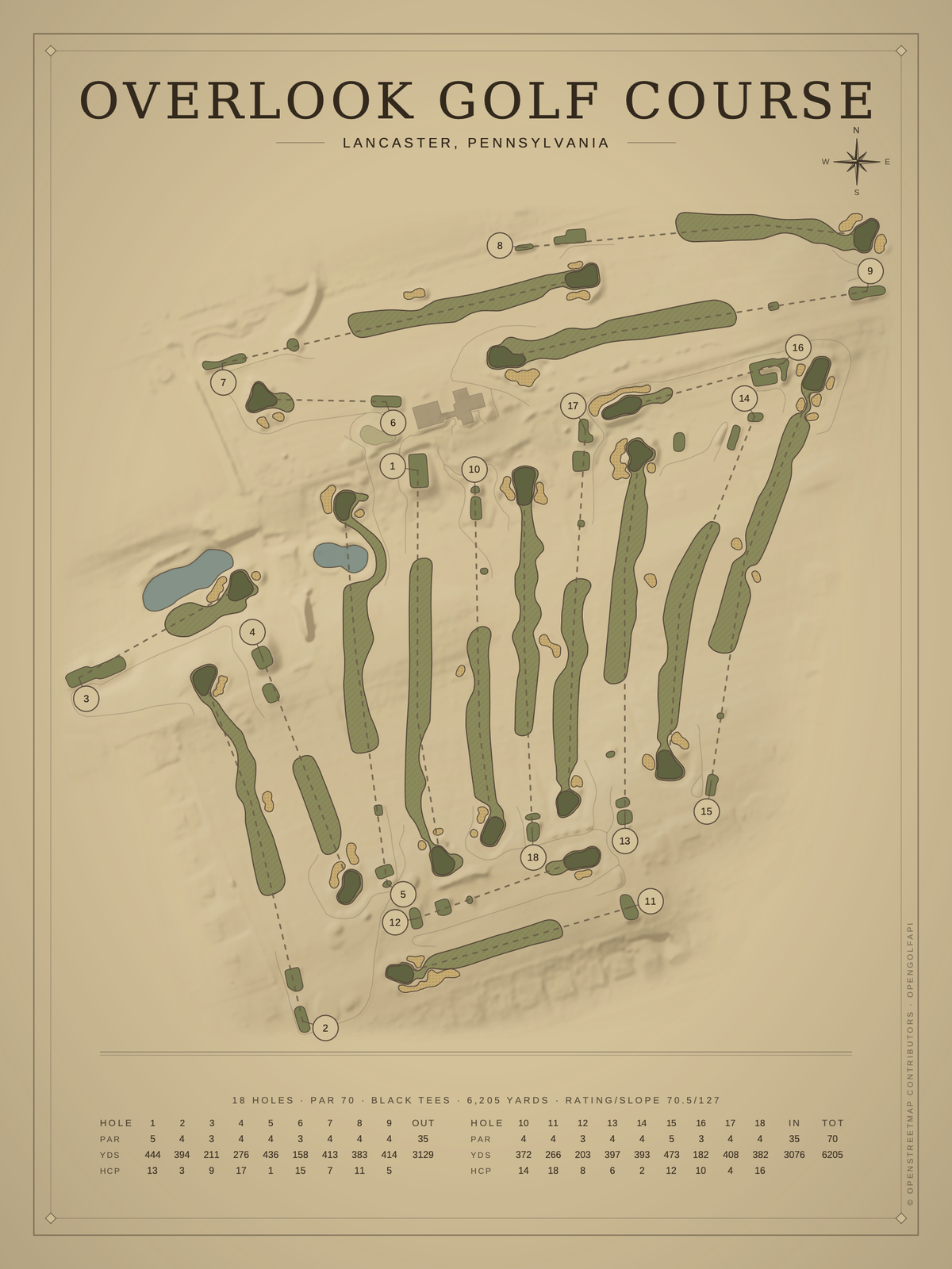 Overlook Golf Course map poster, Vintage style, 12×16 / 18×24