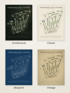 Overlook Golf Course map poster in four styles: Architectural, Classic, Blueprint and Vintage