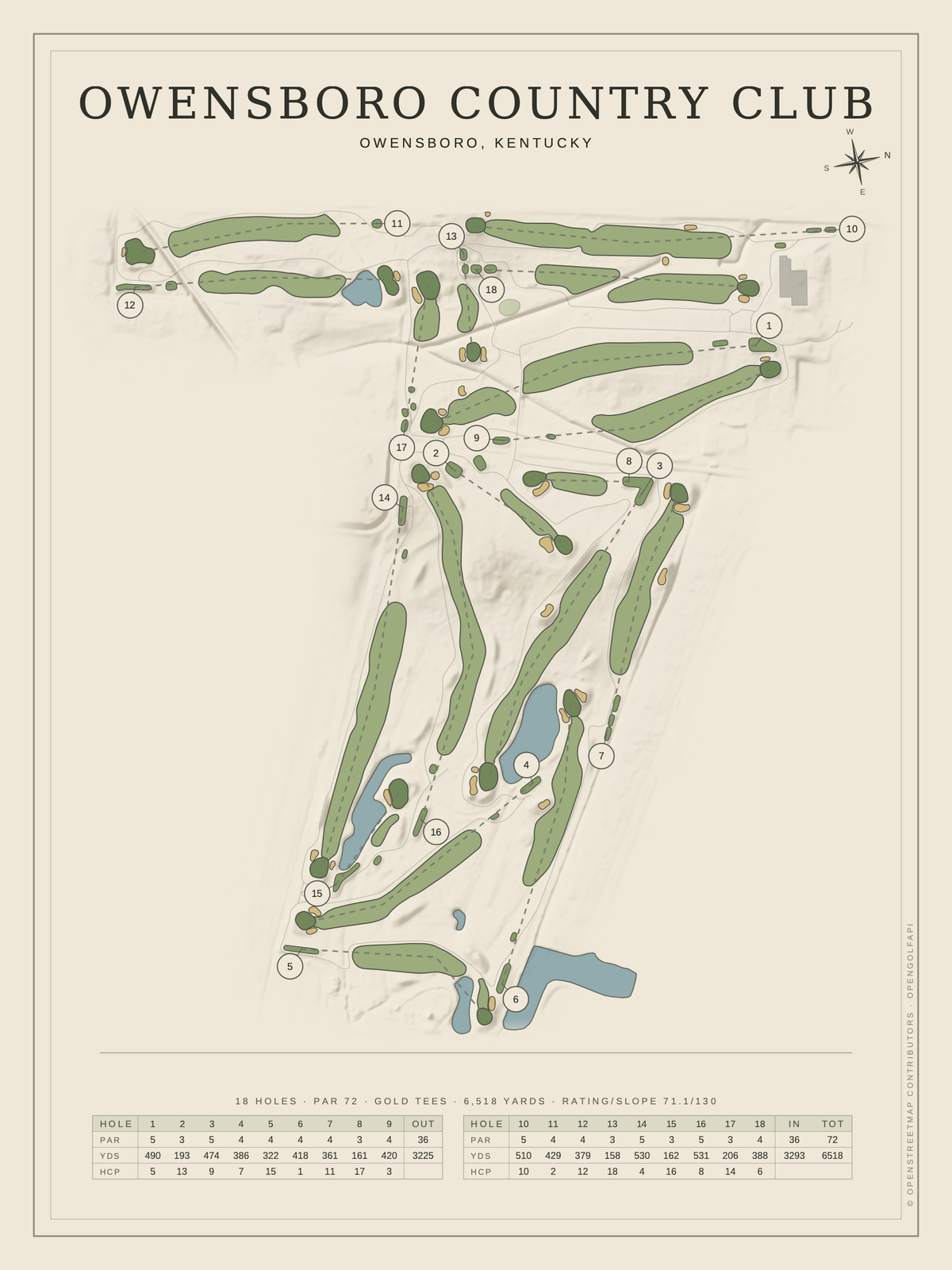 Owensboro Country Club course map poster, Classic style, 12×16 / 18×24