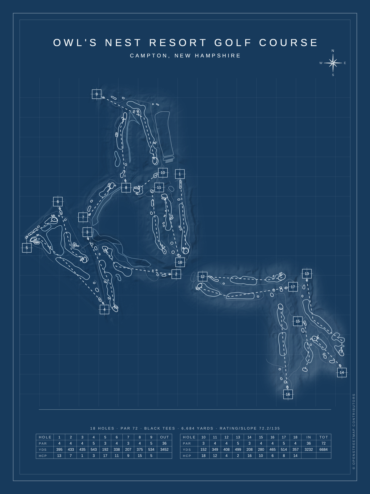 Owl's Nest Resort Golf Course map poster, Blueprint style, 12×16 / 18×24