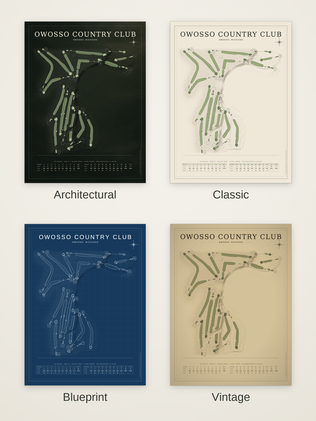 Owosso Country Club course map poster in four styles: Architectural, Classic, Blueprint and Vintage