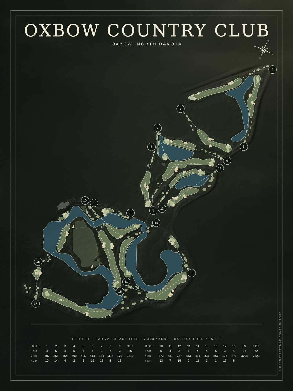 Oxbow Country Club course map poster, Architectural style, 12×16 / 18×24