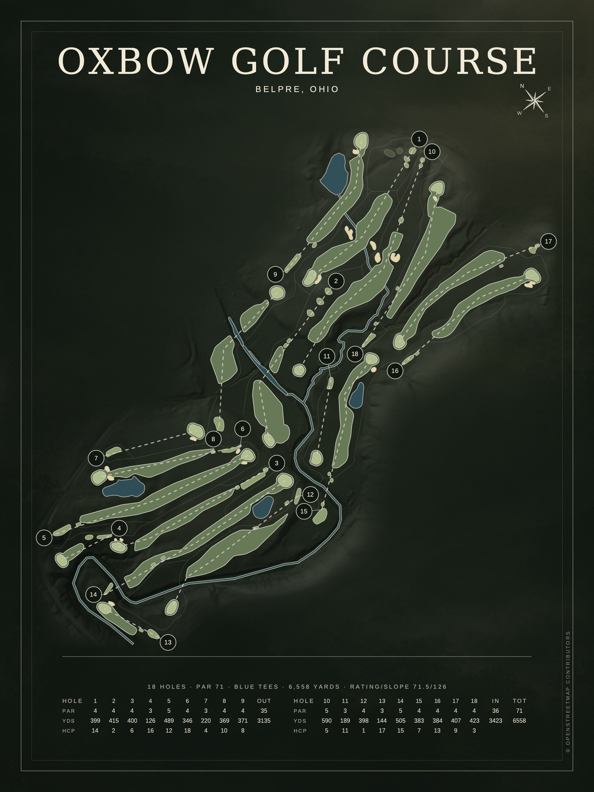 Oxbow Golf Course map poster, Architectural style, 12×16 / 18×24