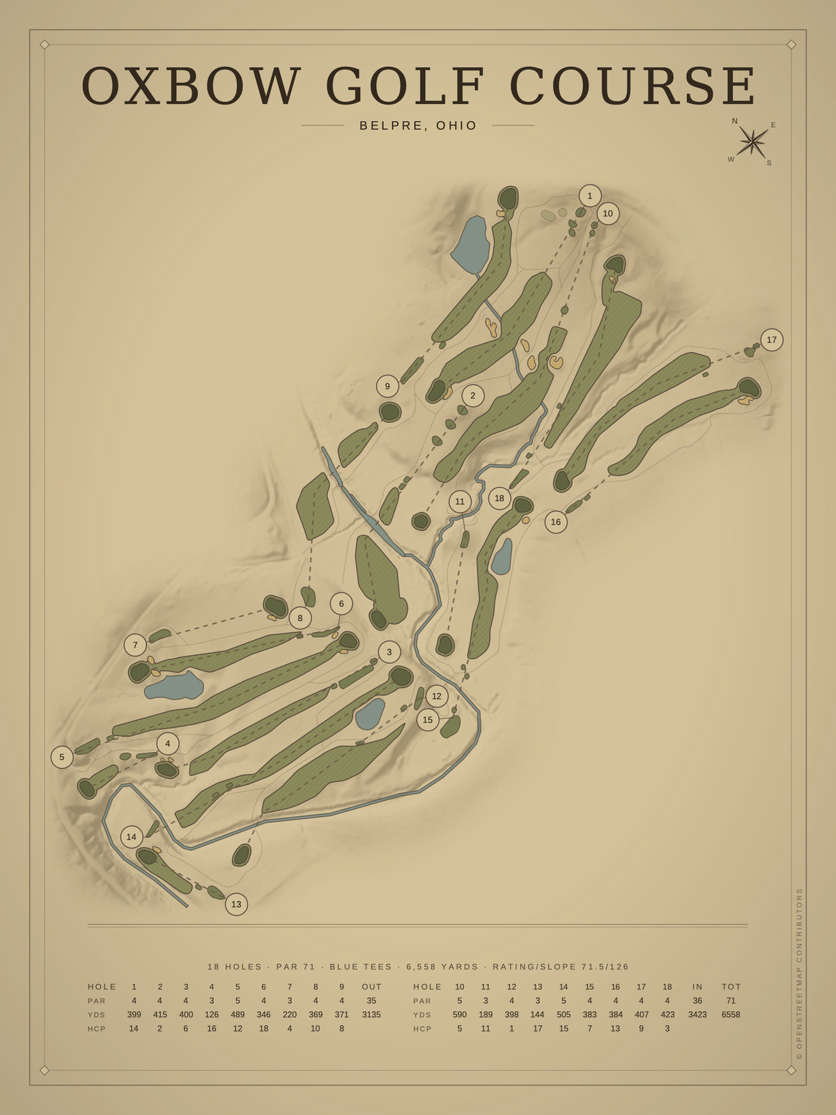 Oxbow Golf Course map poster, Vintage style, 12×16 / 18×24