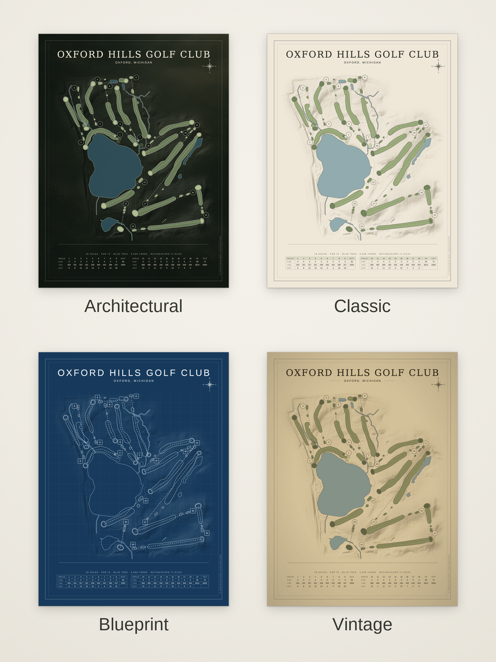 Oxford Hills Golf Club course map poster in four styles: Architectural, Classic, Blueprint and Vintage