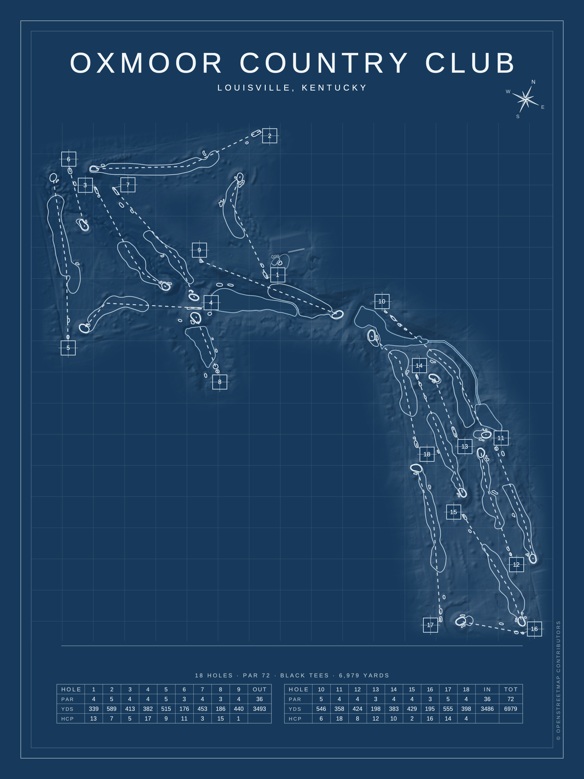 Oxmoor Country Club course map poster, Blueprint style, 12×16 / 18×24
