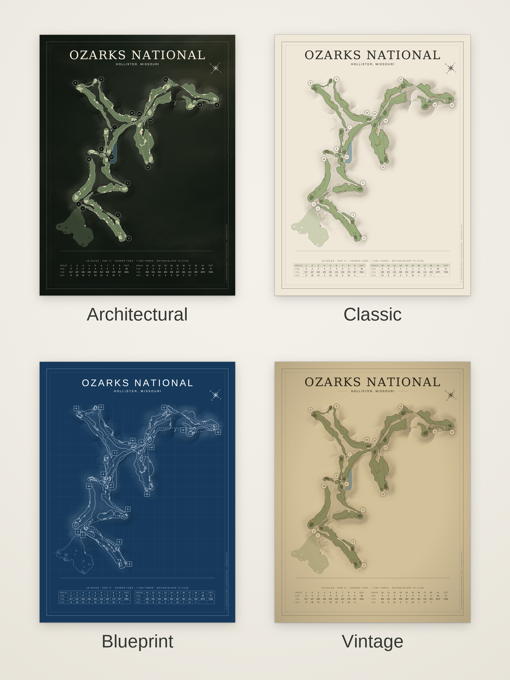 Ozarks National course map poster in four styles: Architectural, Classic, Blueprint and Vintage