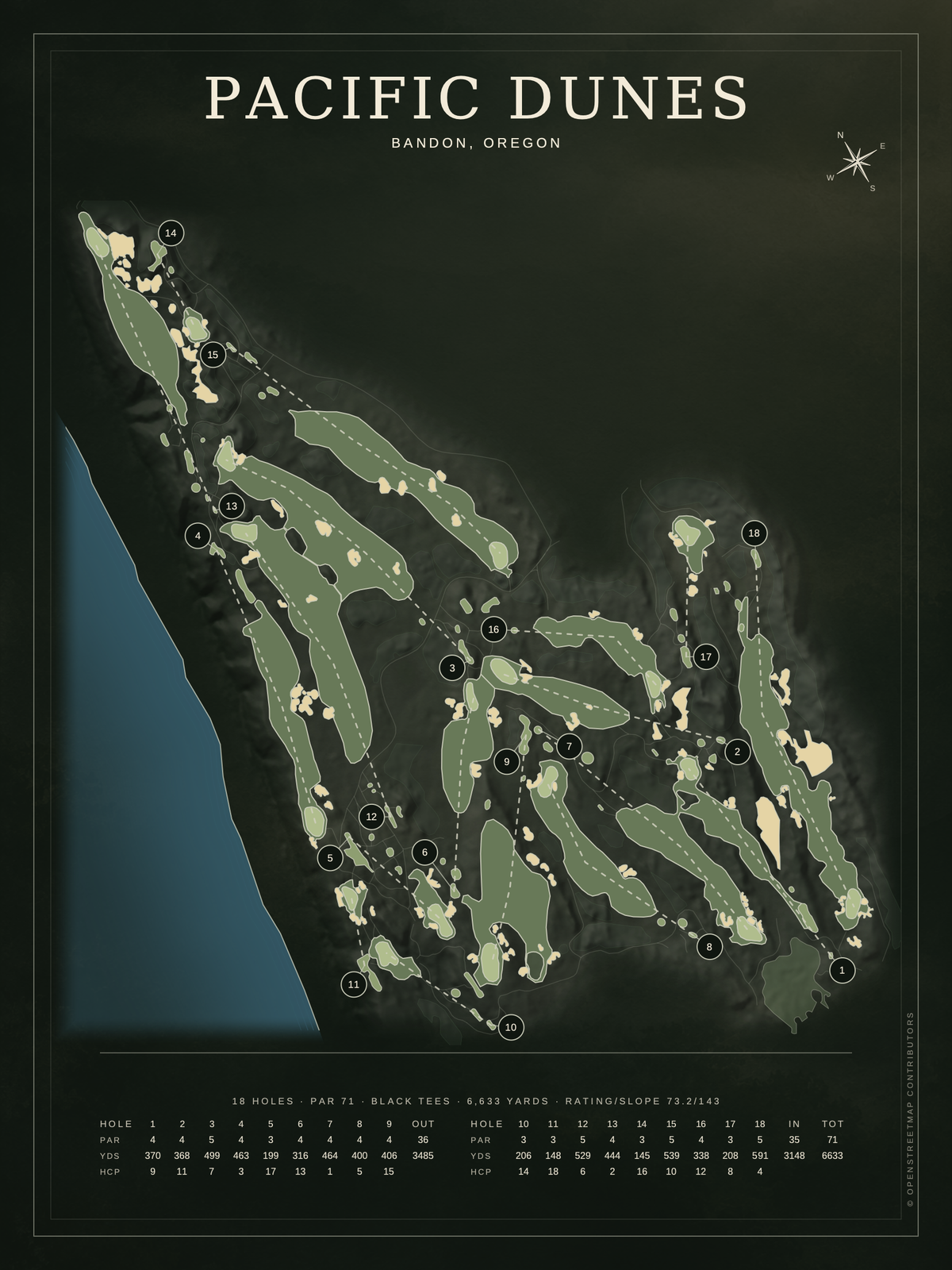 Pacific Dunes course map poster, Architectural style, 12×16 / 18×24