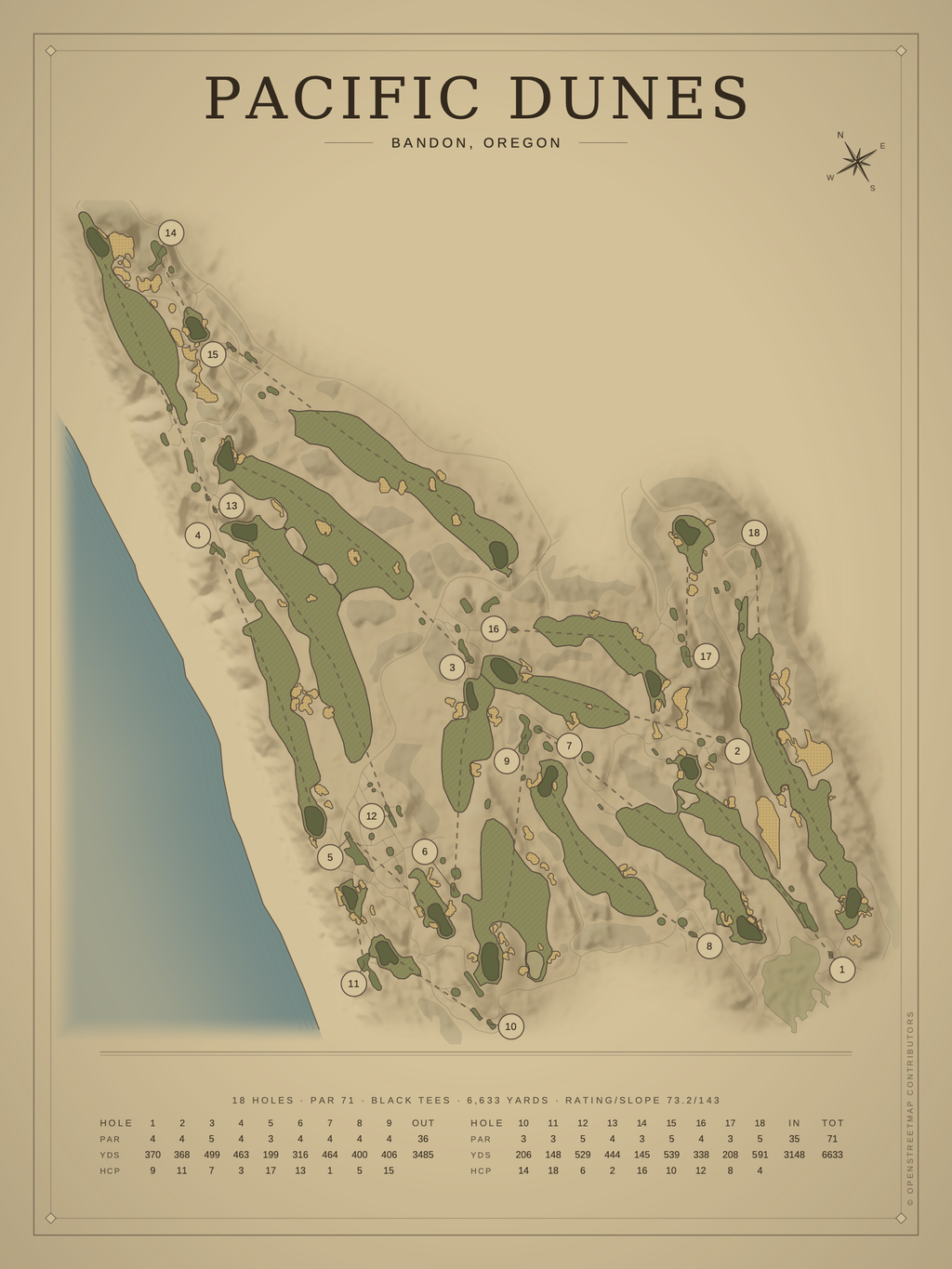 Pacific Dunes course map poster, Vintage style, 12×16 / 18×24