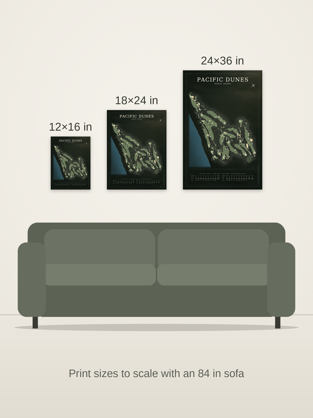 Pacific Dunes course map poster in the Architectural style at 12×16, 18×24 and 24×36 inches, shown to scale on a wall above an 84-inch sofa