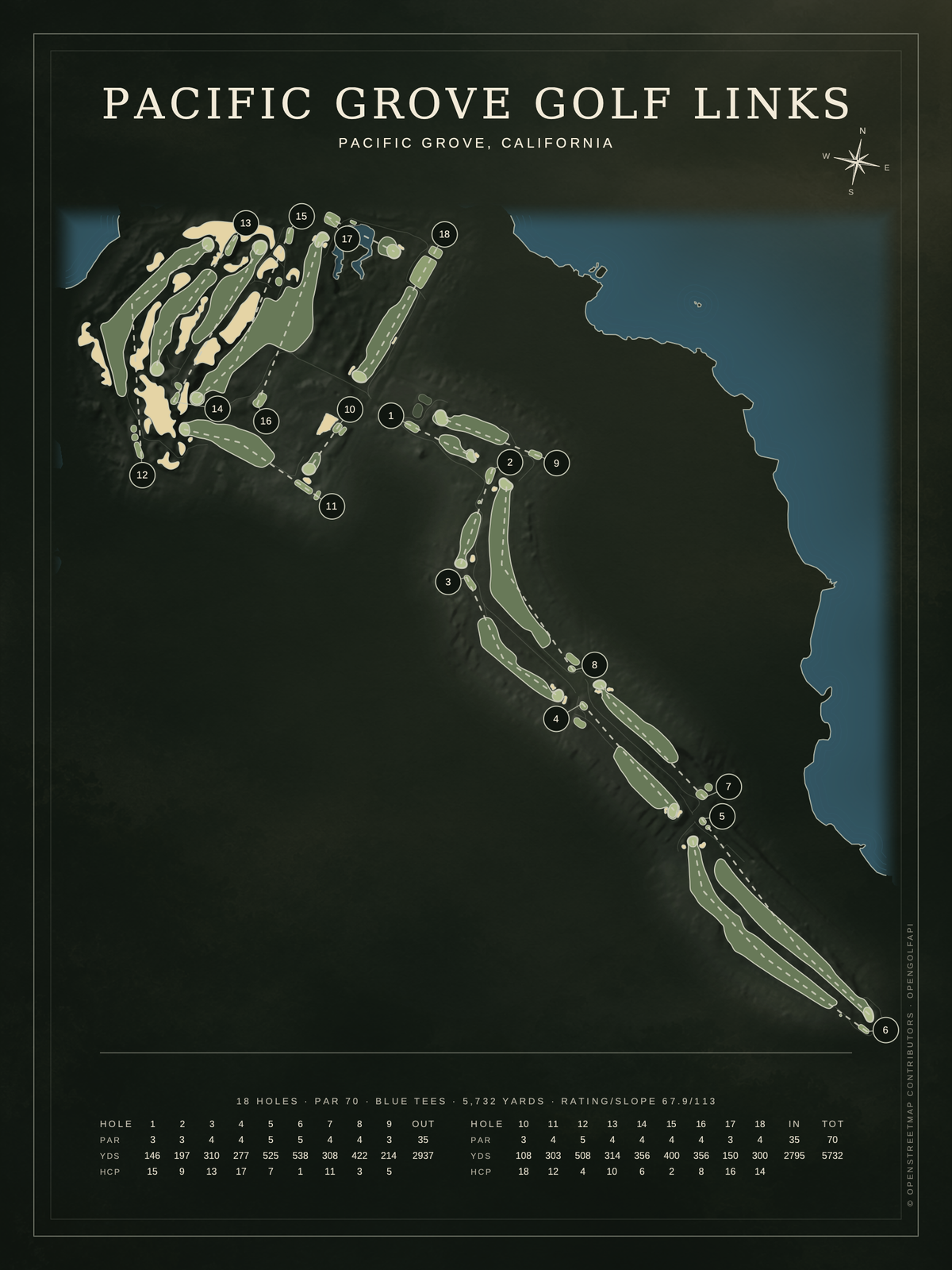 Pacific Grove Golf Links course map poster, Architectural style, 12×16 / 18×24
