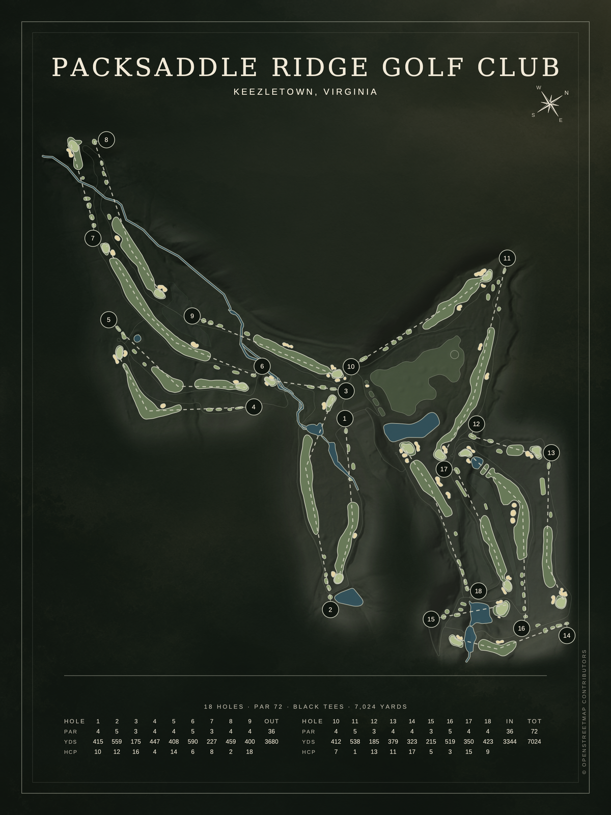 Packsaddle Ridge Golf Club course map poster, Architectural style, 12×16 / 18×24