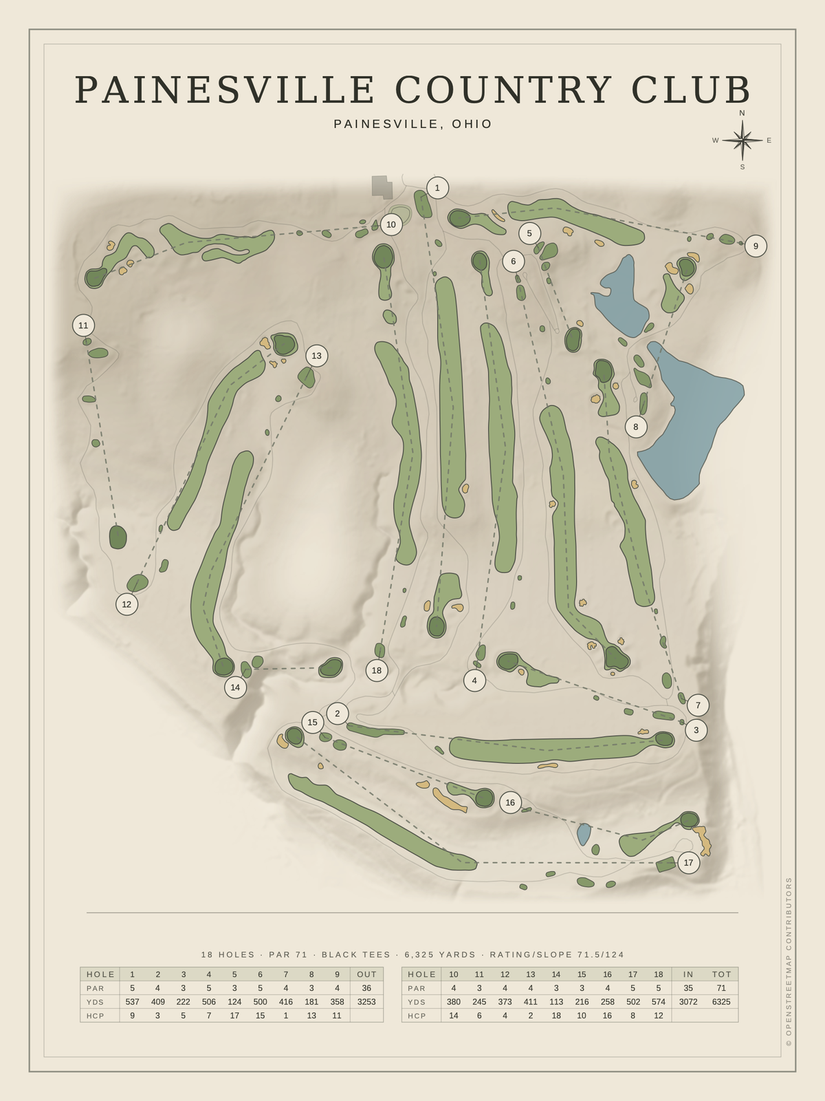 Painesville Country Club course map poster, Classic style, 12×16 / 18×24