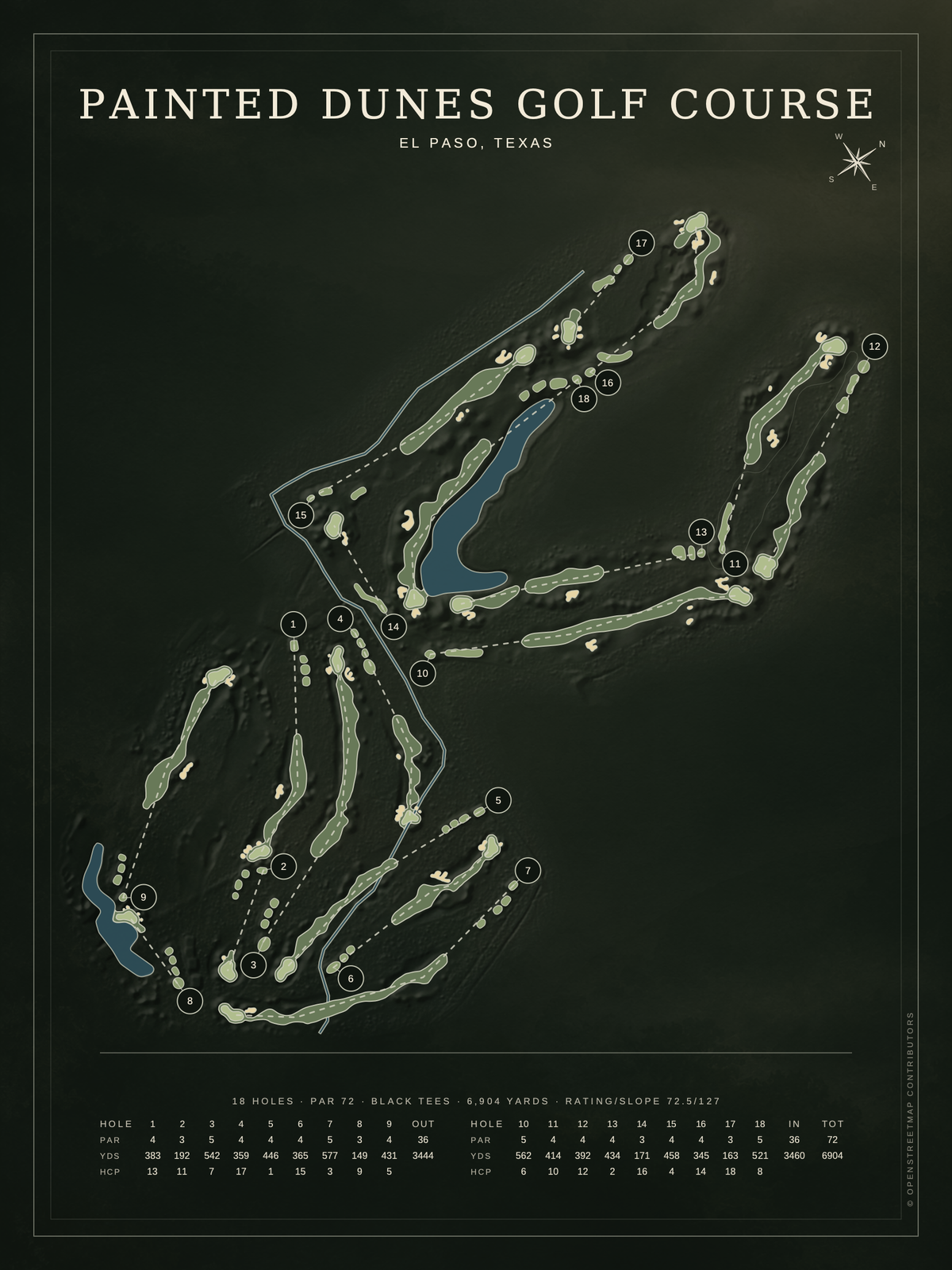 Painted Dunes Golf Course map poster, Architectural style, 12×16 / 18×24