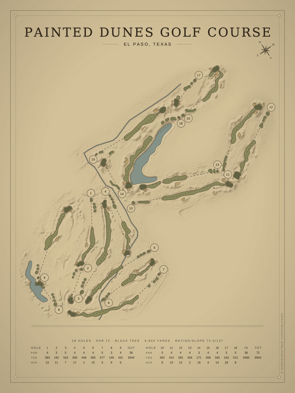 Painted Dunes Golf Course map poster, Vintage style, 12×16 / 18×24