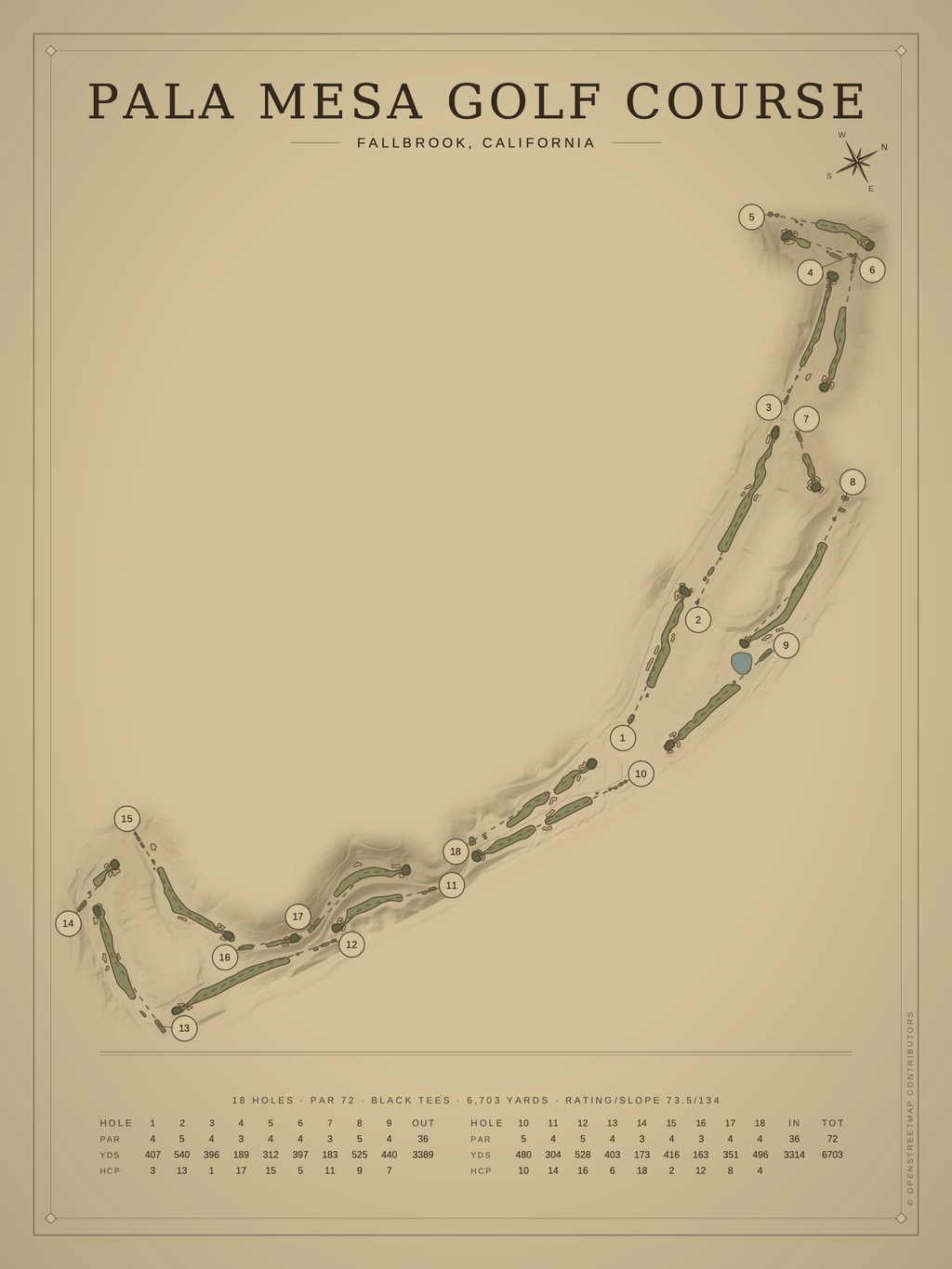 Pala Mesa Golf Course map poster, Vintage style, 12×16 / 18×24