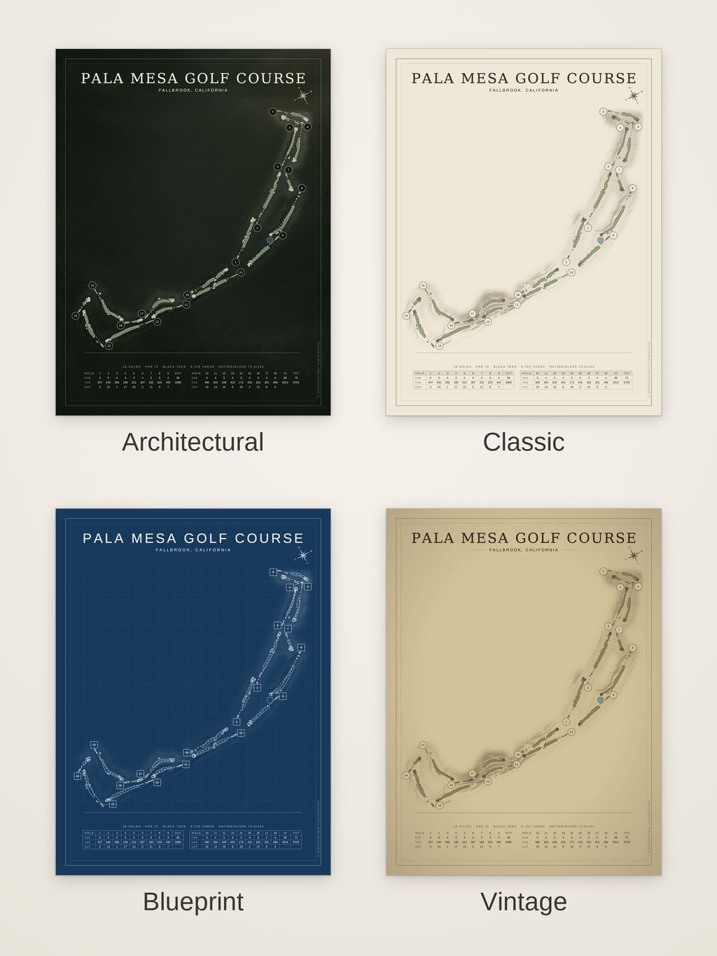 Pala Mesa Golf Course map poster in four styles: Architectural, Classic, Blueprint and Vintage