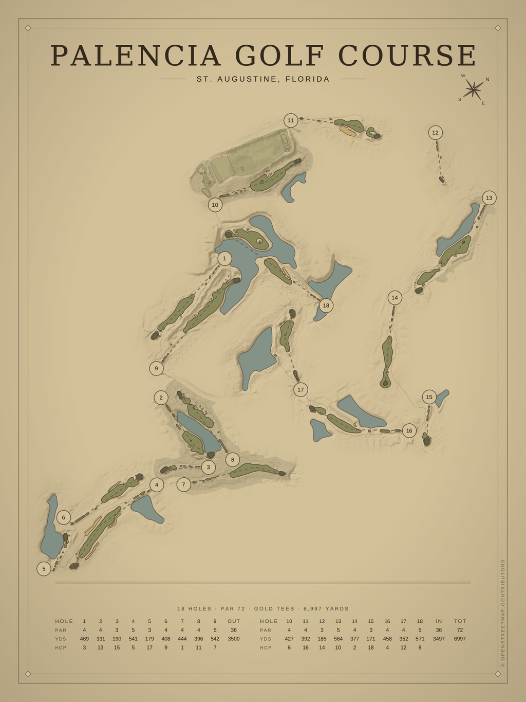 Palencia Golf Course map poster, Vintage style, 12×16 / 18×24
