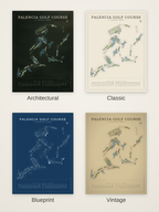 Palencia Golf Course map poster in four styles: Architectural, Classic, Blueprint and Vintage