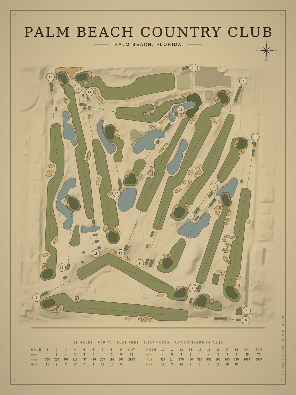 Palm Beach Country Club course map poster, Vintage style, 12×16 / 18×24