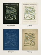 Palm Beach Country Club course map poster in four styles: Architectural, Classic, Blueprint and Vintage