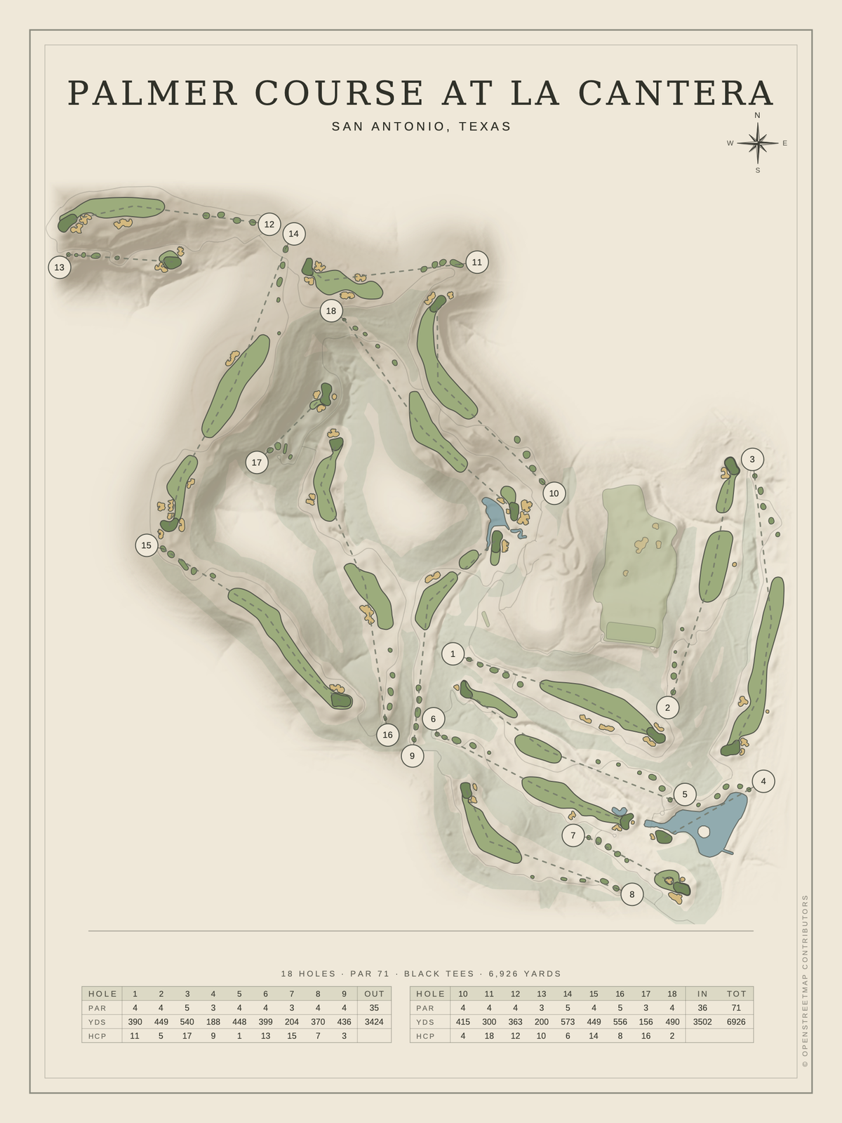 Palmer Course at La Cantera course map poster, Classic style, 12×16 / 18×24