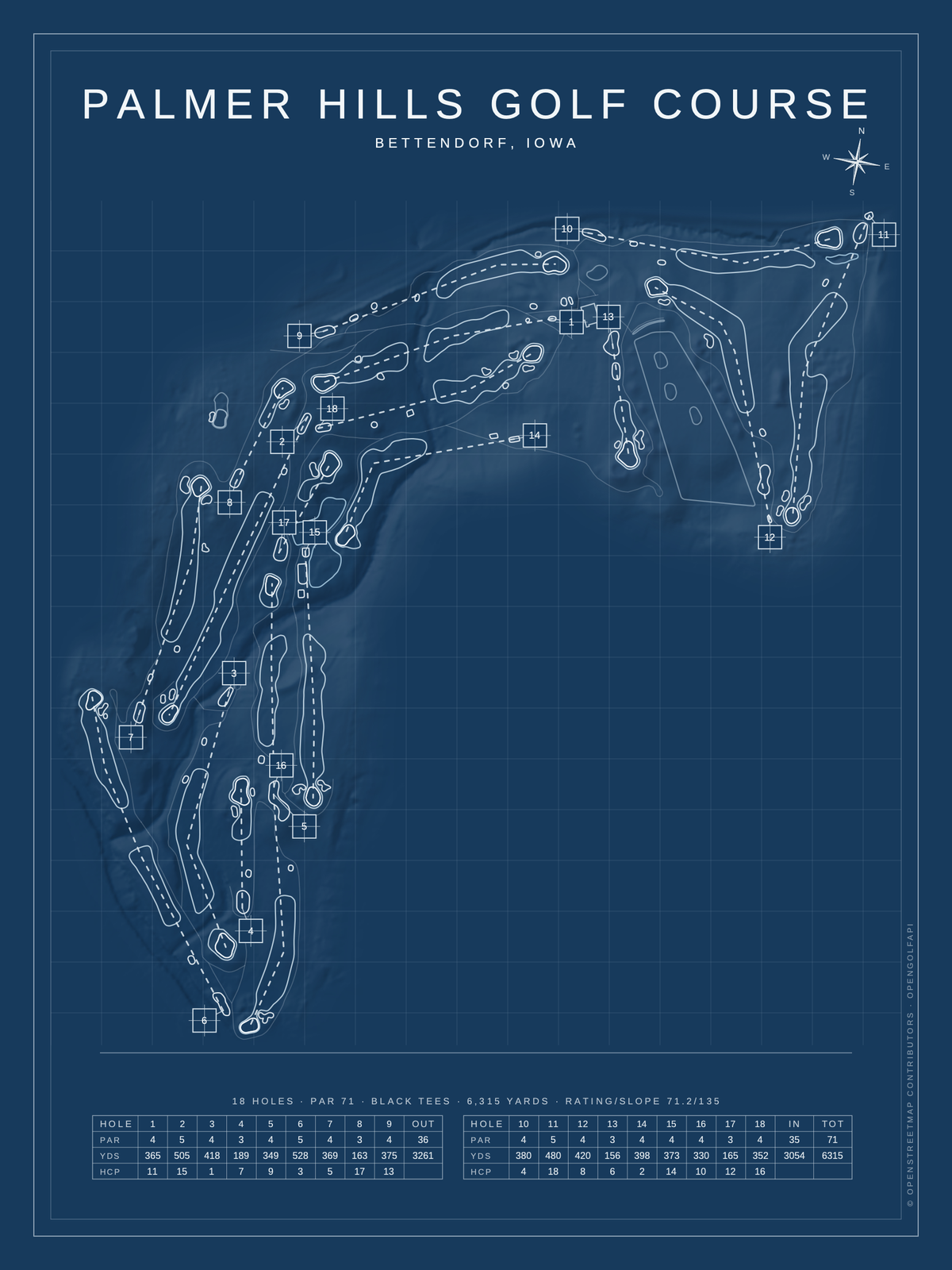 Palmer Hills Golf Course map poster, Blueprint style, 12×16 / 18×24