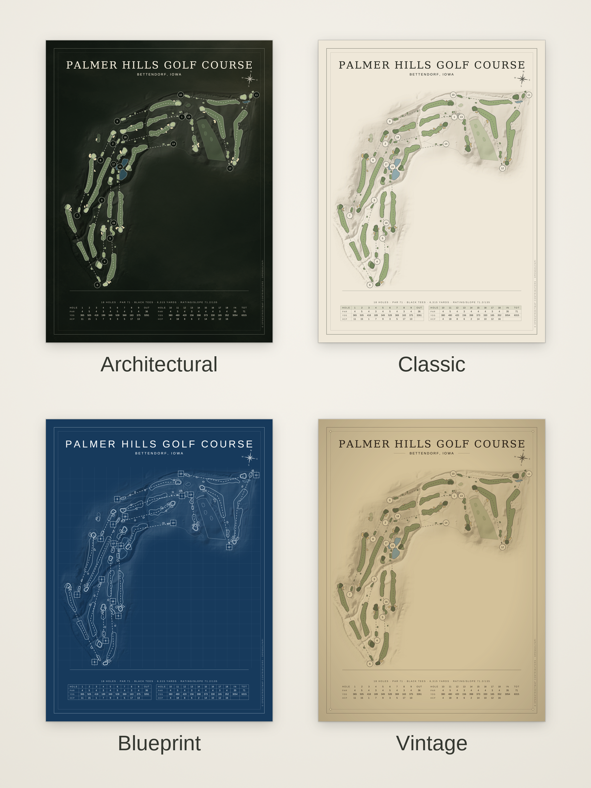 Palmer Hills Golf Course map poster in four styles: Architectural, Classic, Blueprint and Vintage