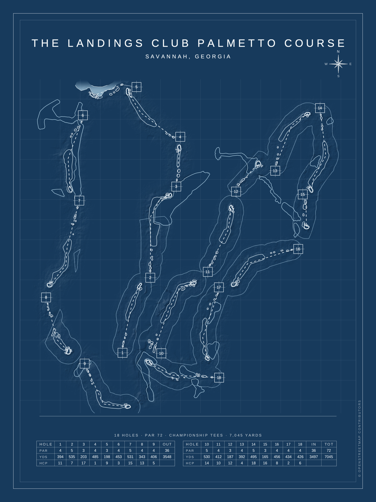 The Landings Club Palmetto Course map poster, Blueprint style, 12×16 / 18×24