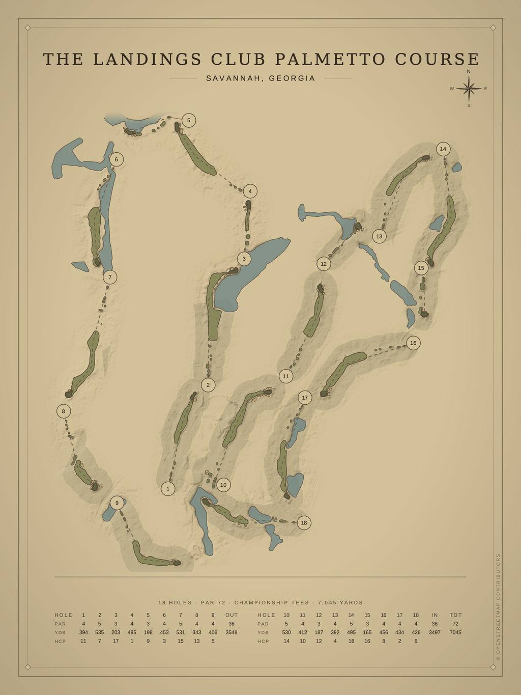 The Landings Club Palmetto Course map poster, Vintage style, 12×16 / 18×24