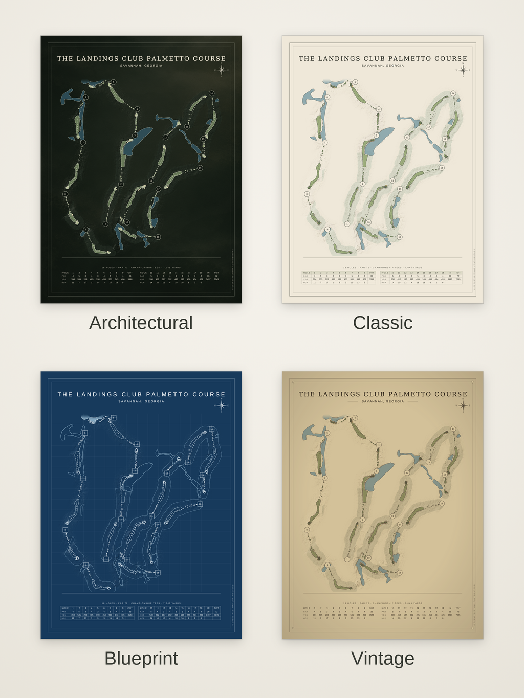 The Landings Club Palmetto Course map poster in four styles: Architectural, Classic, Blueprint and Vintage