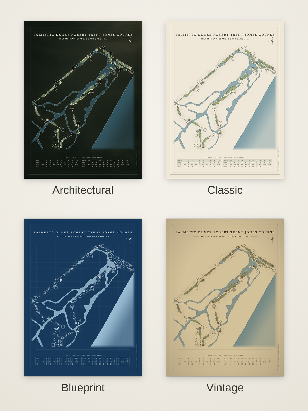 Palmetto Dunes Robert Trent Jones Course map poster in four styles: Architectural, Classic, Blueprint and Vintage