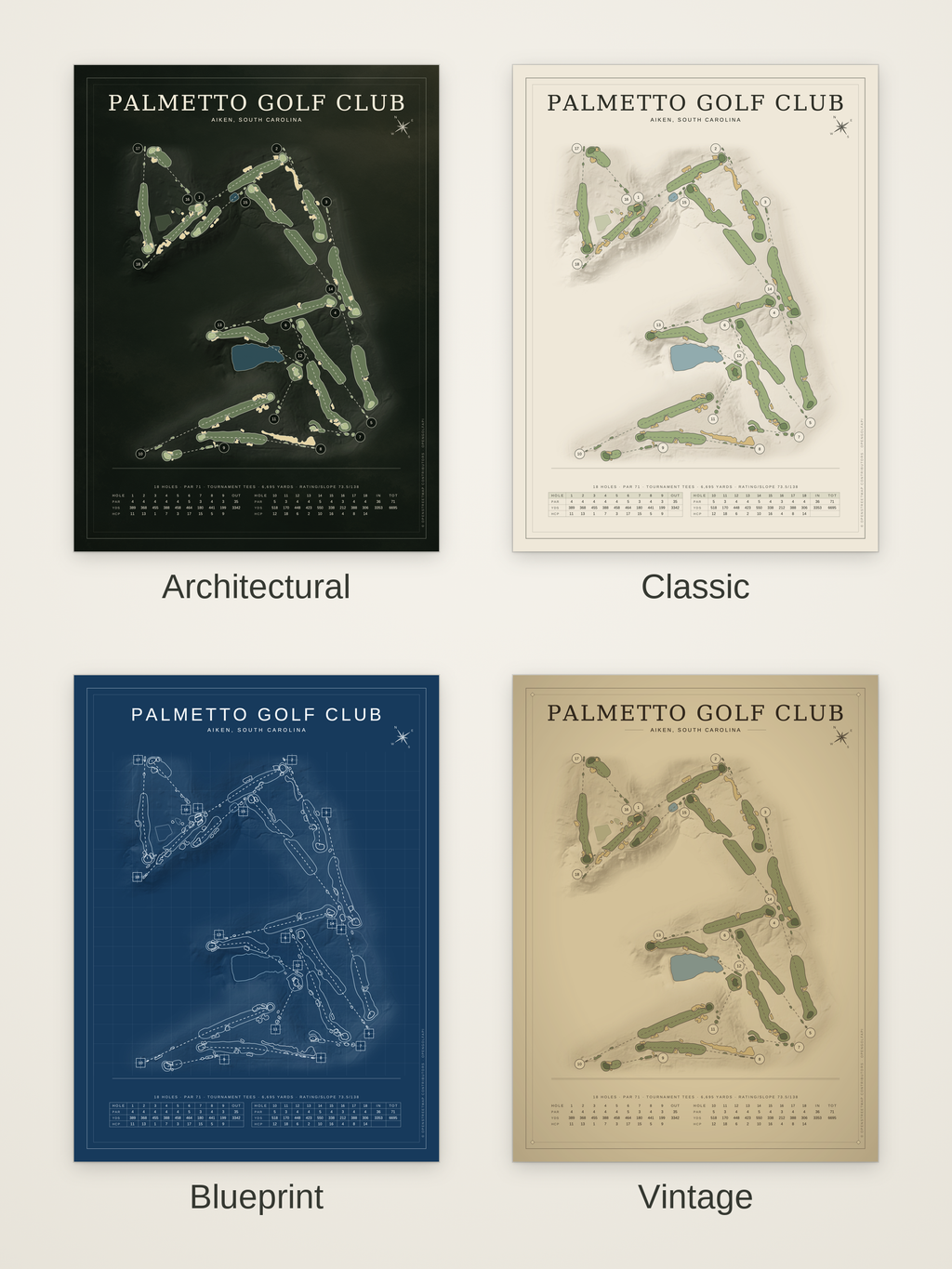 Palmetto Golf Club course map poster in four styles: Architectural, Classic, Blueprint and Vintage