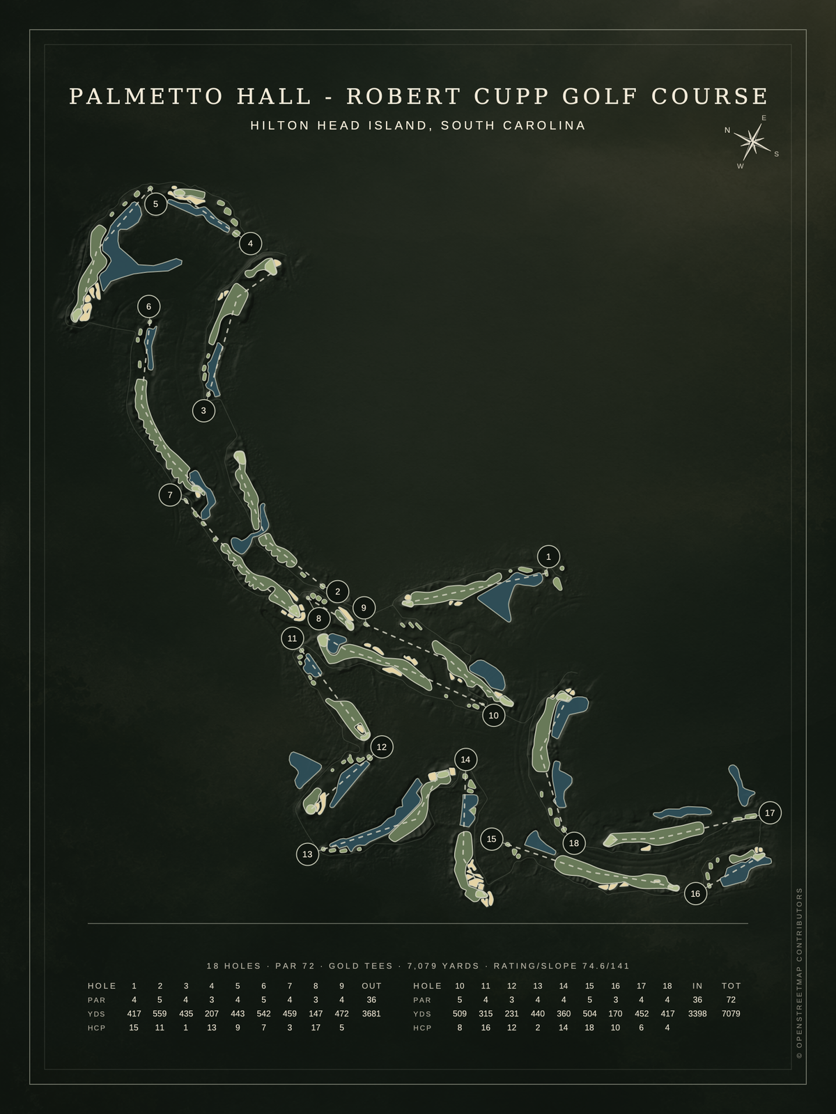 Palmetto Hall - Robert Cupp Golf Course map poster, Architectural style, 12×16 / 18×24