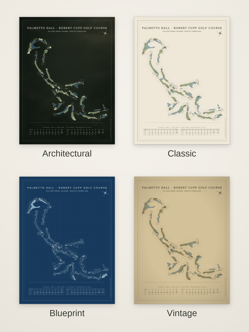 Palmetto Hall - Robert Cupp Golf Course map poster in four styles: Architectural, Classic, Blueprint and Vintage