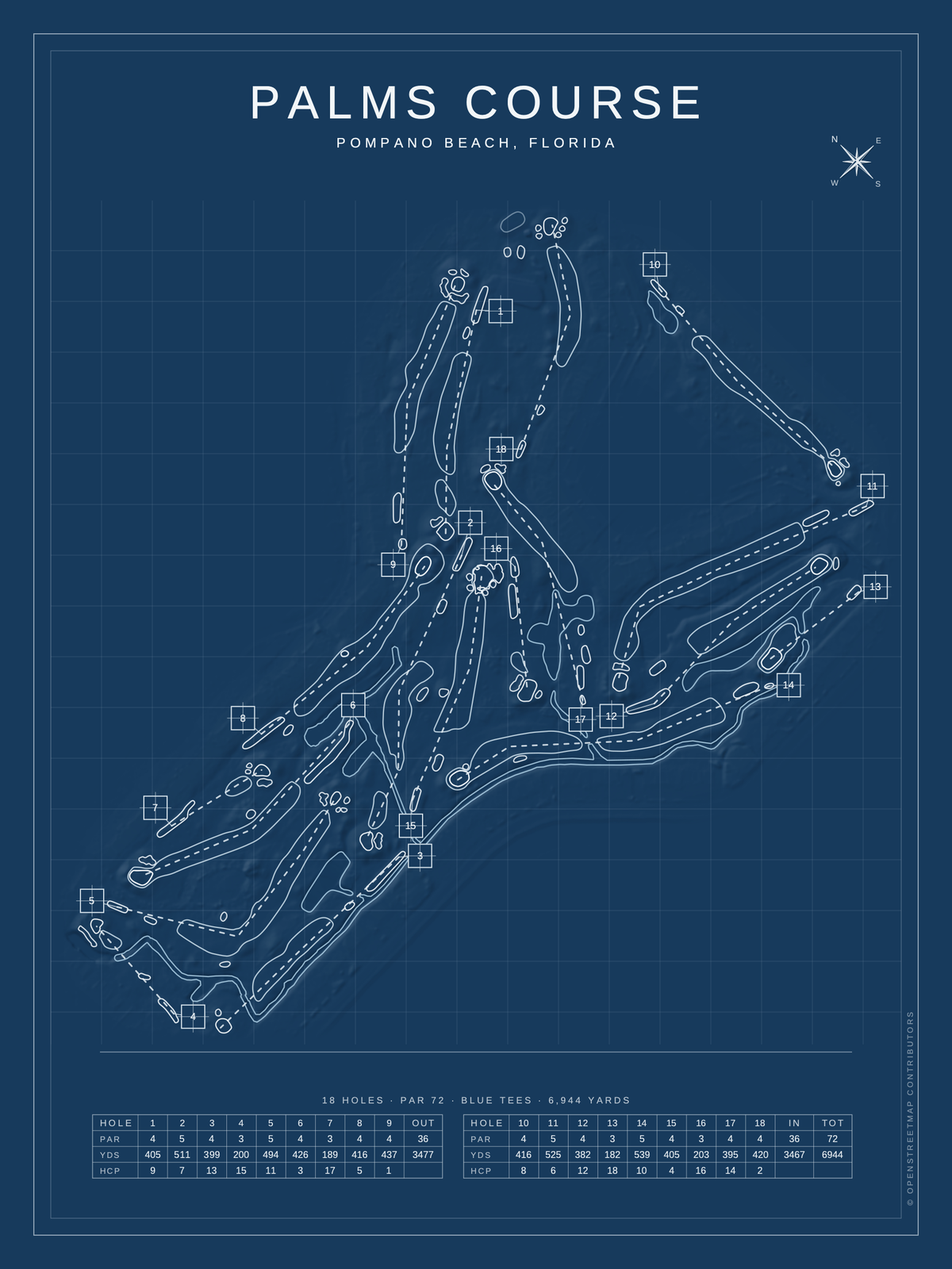 Palms Course map poster, Blueprint style, 12×16 / 18×24