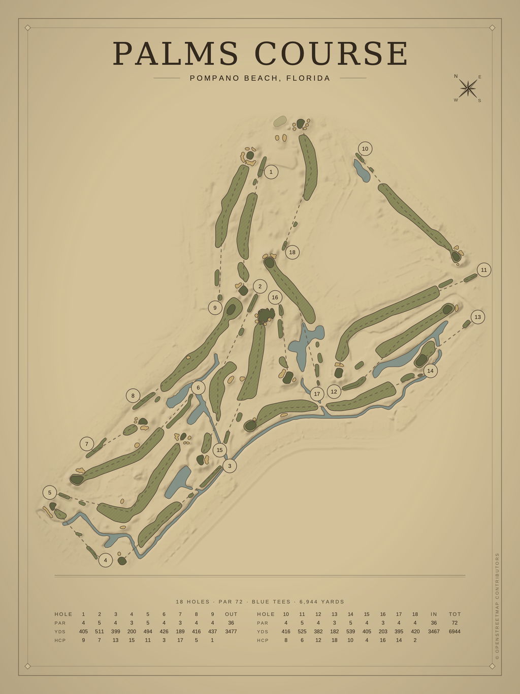 Palms Course map poster, Vintage style, 12×16 / 18×24