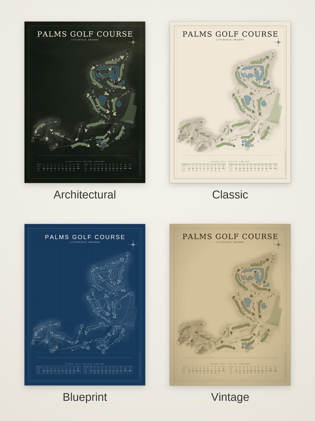Palms Golf Course map poster in four styles: Architectural, Classic, Blueprint and Vintage