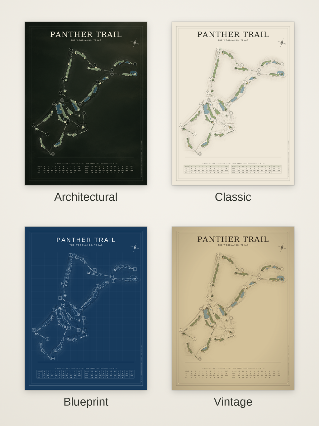 Panther Trail course map poster in four styles: Architectural, Classic, Blueprint and Vintage